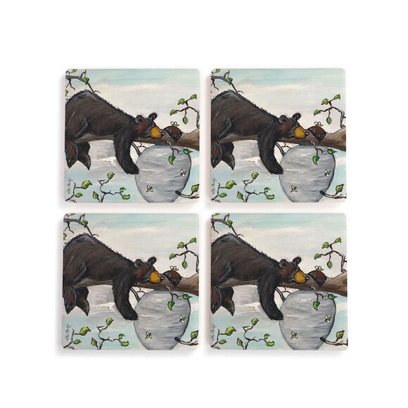 Bearfoots Other - Black Bear Coaster "Honey Tree" by Jeff Fleming Bearfoots Barware Set of 4